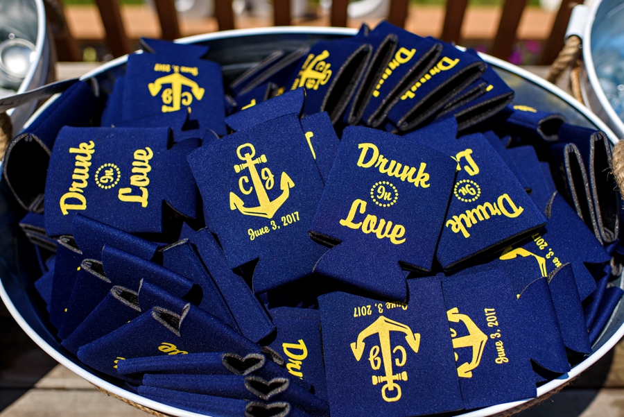 A baskit of beer koozies that say drunk in love.